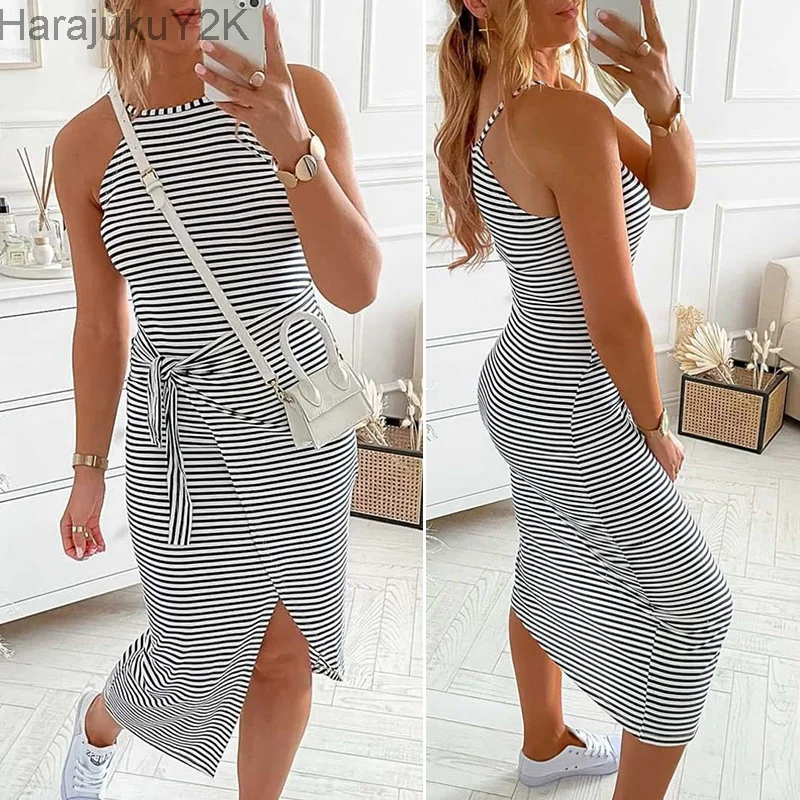 

Striped Sleeveless Long Dress Women Sexy Casual Fashion Split Summer Beach Holiday Lace Up Belt Vestidos Lady Streetwear Clothes