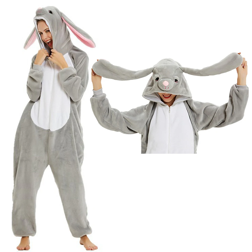 

Winter Rabbit Pajamas Cartoon Anime Animal Onesies Women Men Unisex Adults Sleepwear Flannel Jumpsuits Cosplay Nightie One Piece