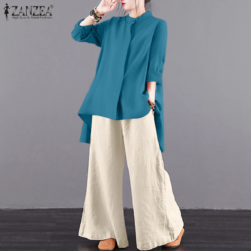 

ZANZEA 2PCS Urban Tracksuit Vintage Women Wide Leg Pants Sets Spring Elegant Long Sleeve Blouse Suits Solid Loose Matching Sets