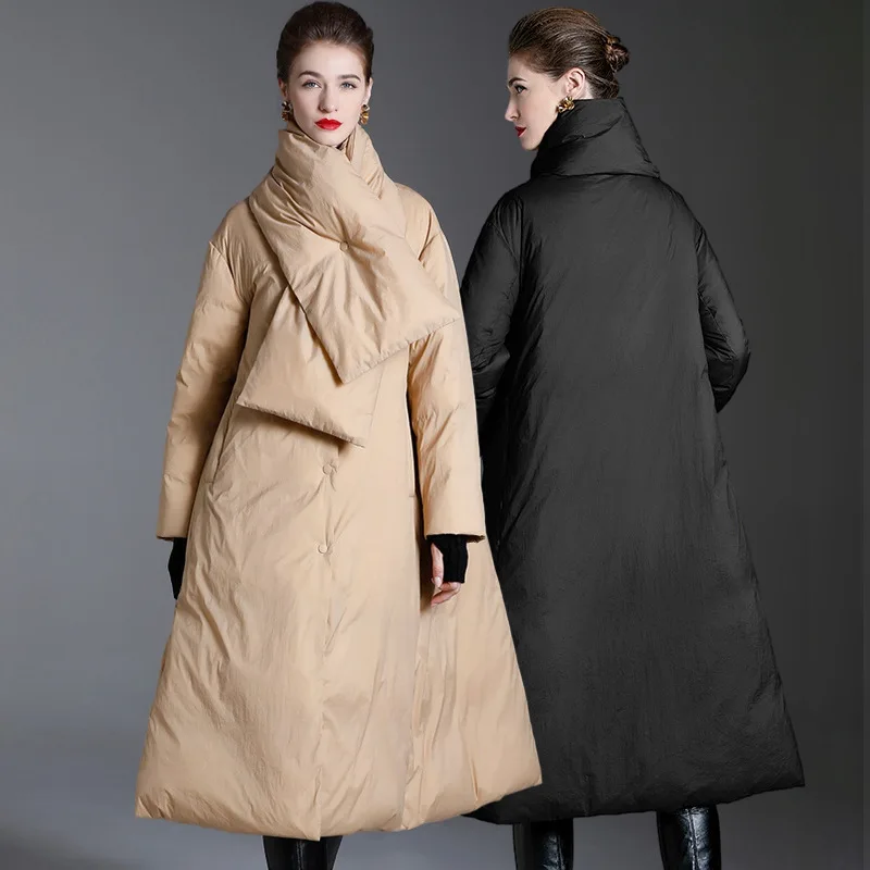 New thickened white eiderdown Winter 2022 women's fashion cape medium length coat in solid color