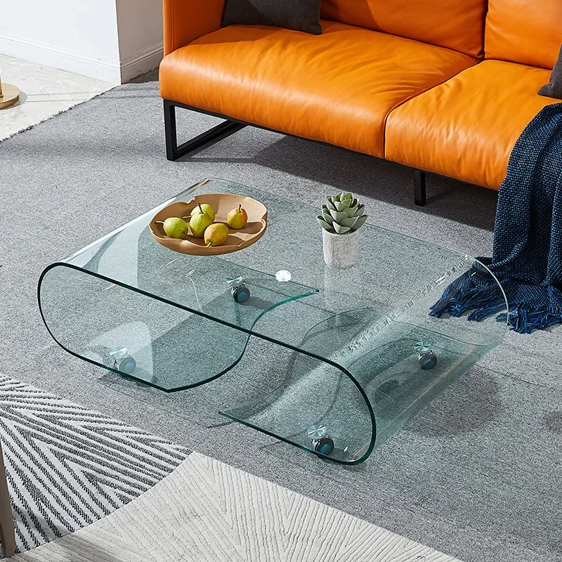 Стеклянный журнальный столик прозрачный мобильный чайный современный овальной