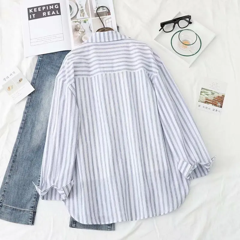 Летняя хлопковая рубашка с длинным рукавом топы в полоску отложным воротником