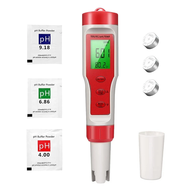 

TOP PH Meter, 4-In-1 Digital PH Meter With PH/TDS/EC/Temp Function With ATC For Drinking Water, Hydroponics, Aquarium, Pool