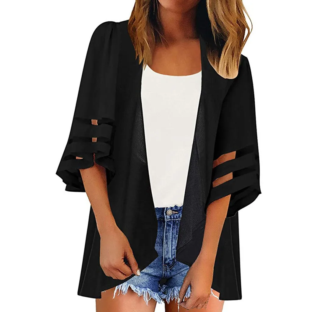 

Sleeve Loose Cardigan Panel Women 3/4 Mesh Kimono color Bell Casual Chiffon Knitted Cardigan Fall Print Cardigans for Women