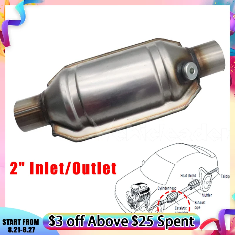 

Universal Catalytic Converter 2" Inlet/Outlet 400 cells High Flow With O2 Port & Heat Shield 53004 Car Stainless Steel