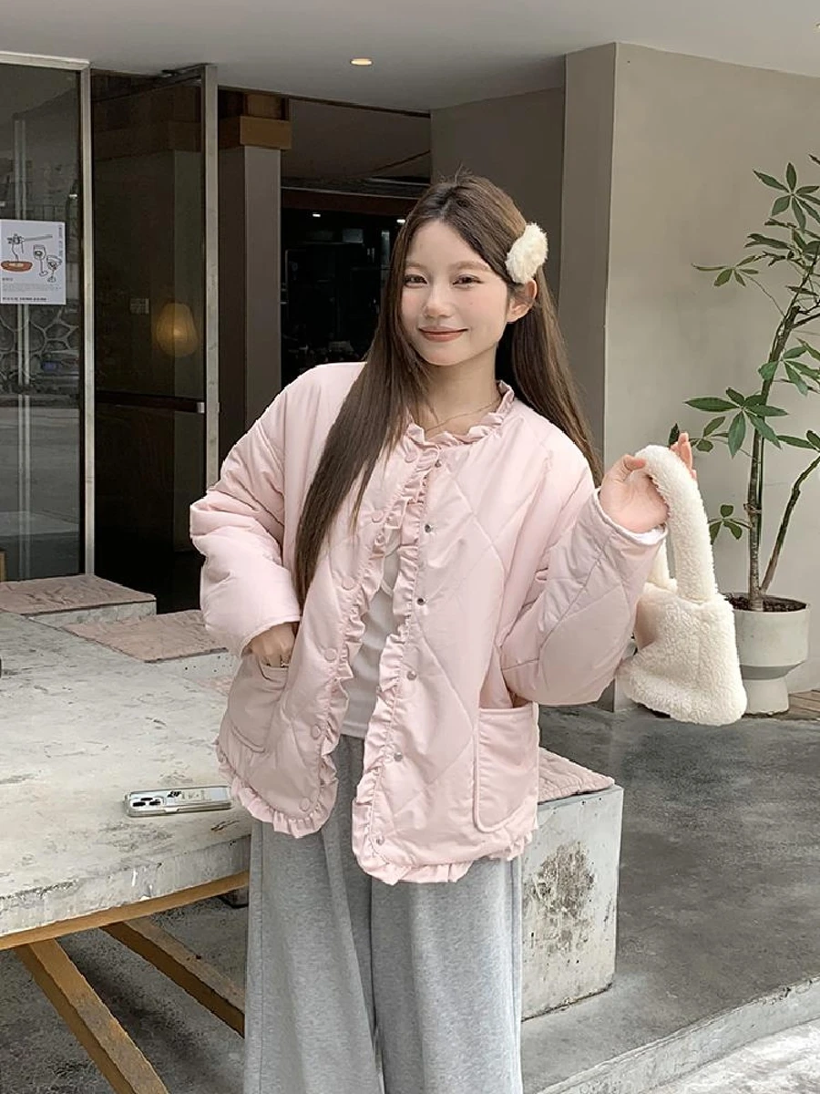 Маленькая хлопковая стеганая куртка с розовым ромбом 2024 зимняя милая новая