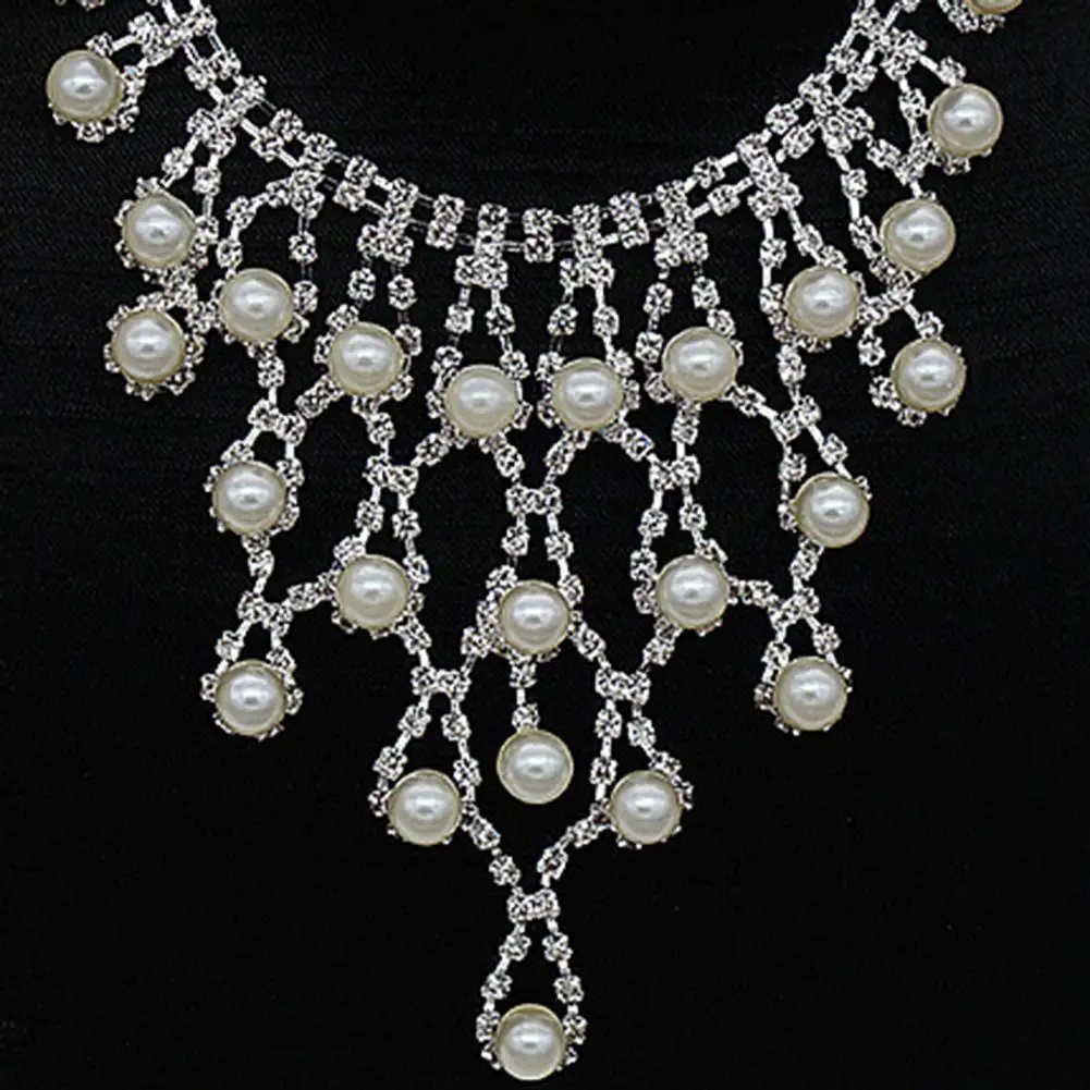 

1 Set Bride Necklace Layered Faux Pearls Tassels Elegant Gorgeous Noble Gift Hypoallergenic Rhinestone Inlaid Stud Earrings Kit