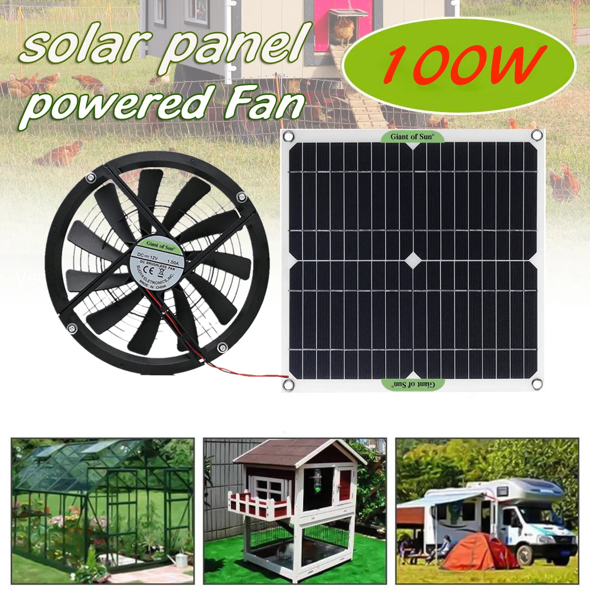 

100W Monocrystalline Silicon Solar Panel 10Inch Circular Ventilating Chassis Fan Set For Pet Toilet Greenhouse RV Exhaust Fan