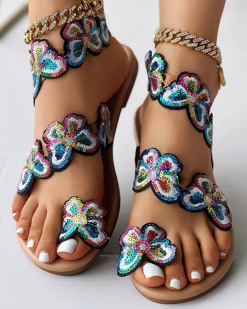 Women Fashion Casual Shoes Flat Summer Butterfly Pattern Toe Ring Slingback Beach Sandals