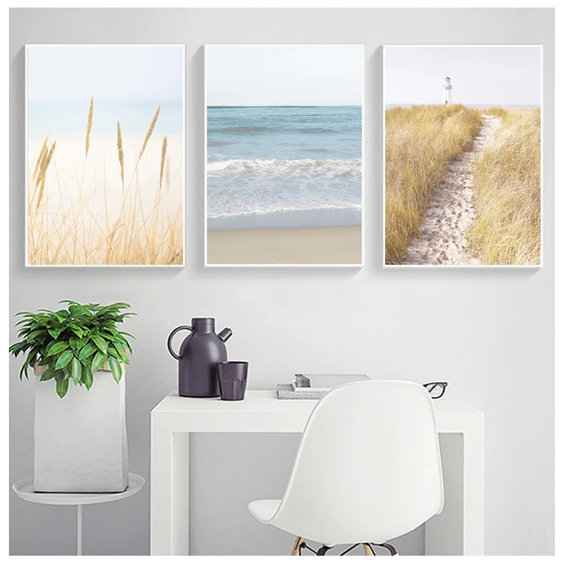 

Настенная Картина на холсте с изображением берега, пастельного пляжа, ландшафта, плакаты и принты, пампасная трава, настенные картины для гостиной, домашний декор