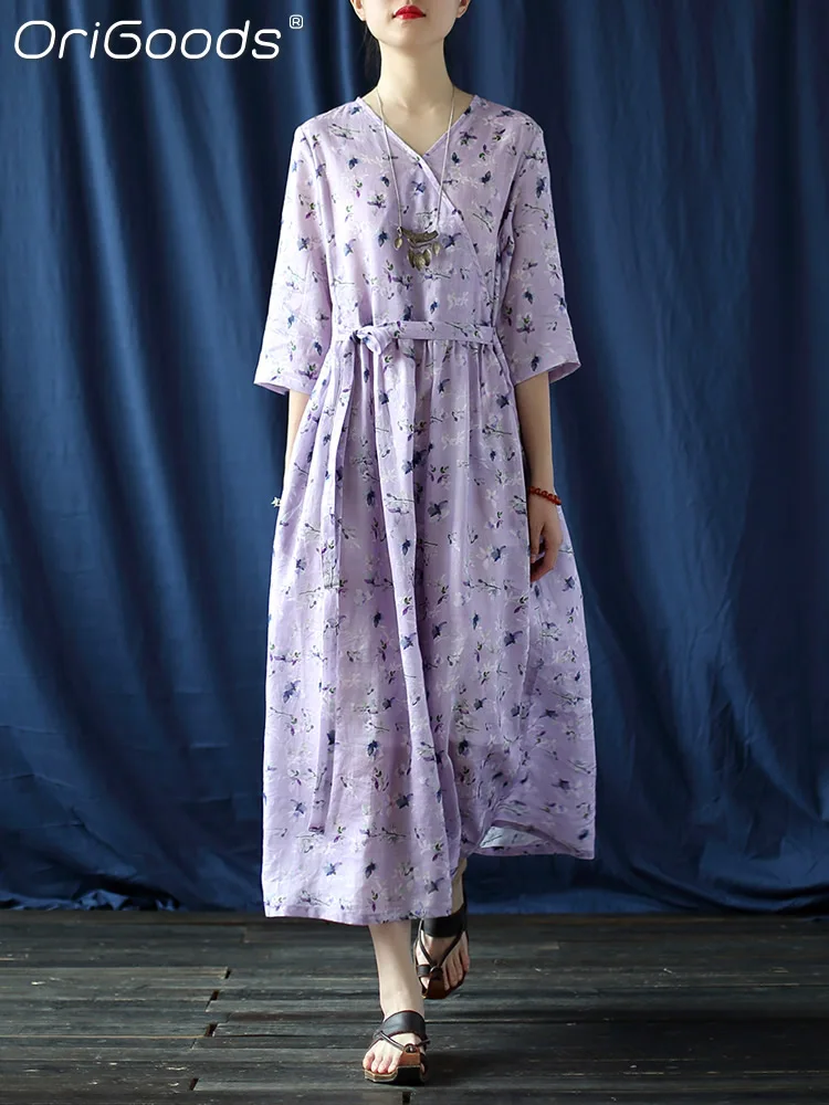 

Новинка 2022, летнее платье OriGoods для женщин, ТРАПЕЦИЕВИДНОЕ длинное платье из натуральной ткани рами, элегантное милое Повседневное платье с ...