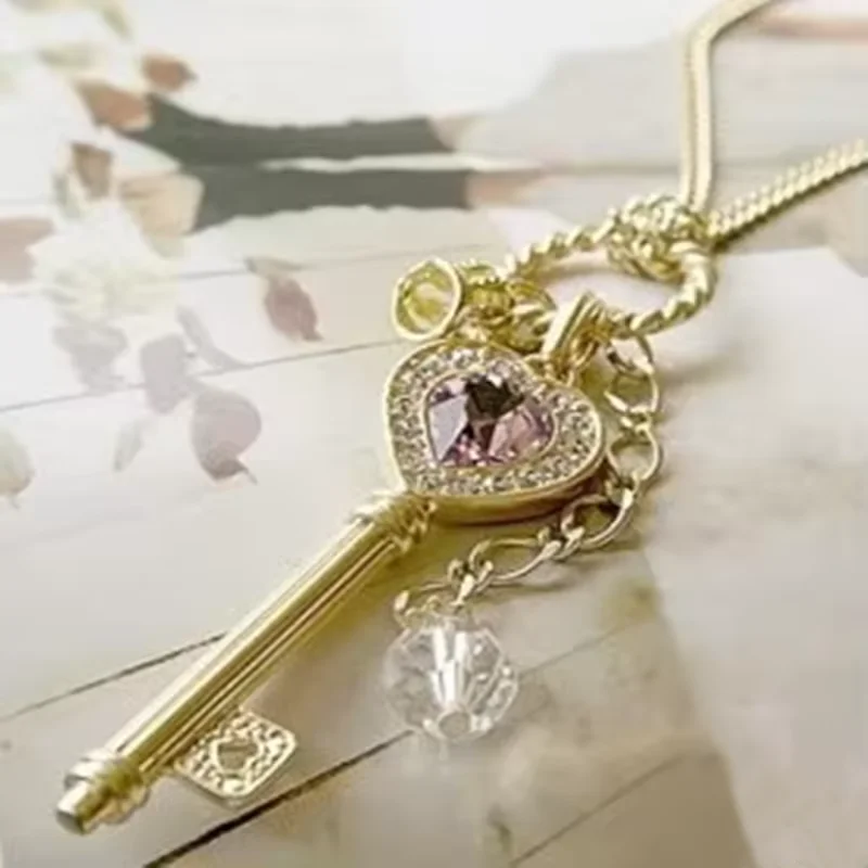 Корейское ожерелье с фиолетовой хрустальной короной и ключом, цепочка для свитера, модное ожерелье с сердечком, женское украшение для свадьбы, вечеринки, аксессуар (art.: 3920ce508d151) - 3920ce508d151