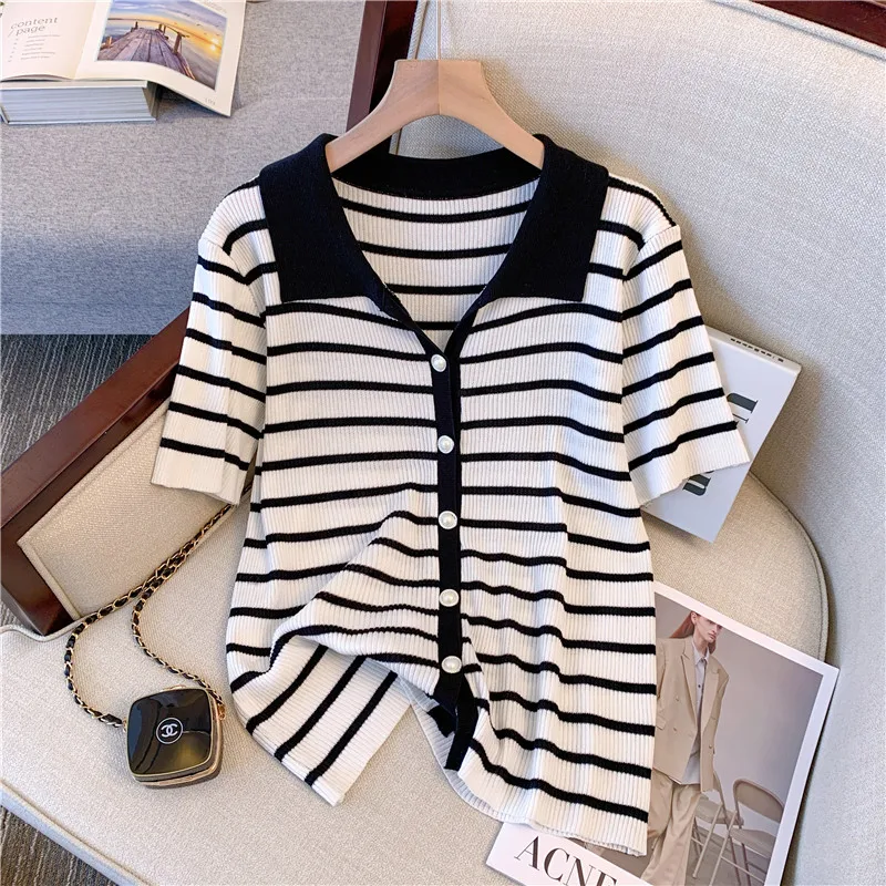 

Тонкий вязаный кардиган из ледяного шелка, женский корейский шикарный однобортный свитер с воротником-поло и коротким рукавом, женская трикотажная одежда, топы на лето