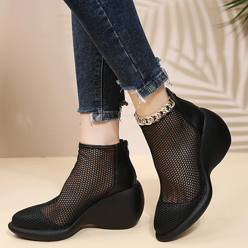 Сандалии женские на платформе, босоножки из сетчатой пряжи, простая обувь на танкетке, с прорезями, лето 2022