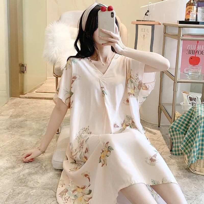 Womens Nightgowns Short Sleeve Sleepwear V-Neck Sleepdress Casual House Pajama Dress Floral Printed Soft Cotton Sleep Shirts