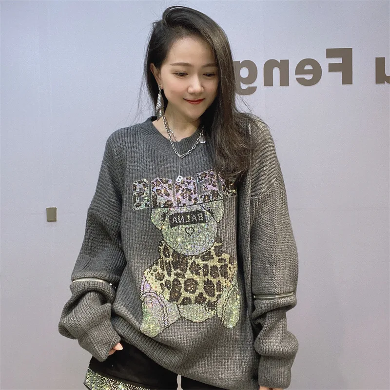 Женский трикотажный пуловер блестящий свободный джемпер в стиле оверсайз