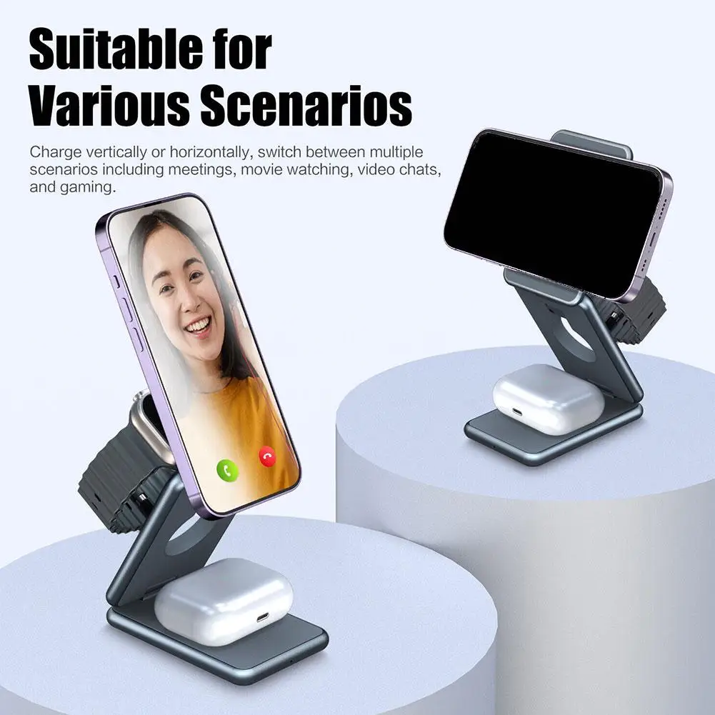 

15W 3 In 1 Wireless Magnetic Folding Charger Stand Dock Fast Charging For IPhone AirPods Watch Charger Holder I9Y4
