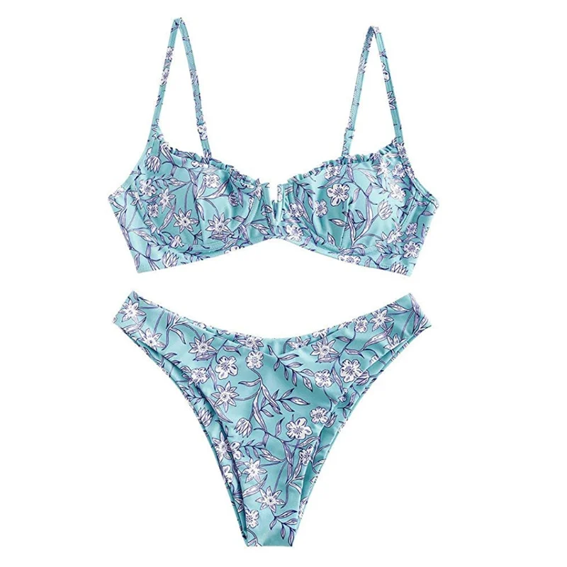 

2022 Fashion Women’s Floral Print Push-up V-Wire Lettuce Bikini Set High Cut Spaghetti Straps Underwire Padded Swimsuit