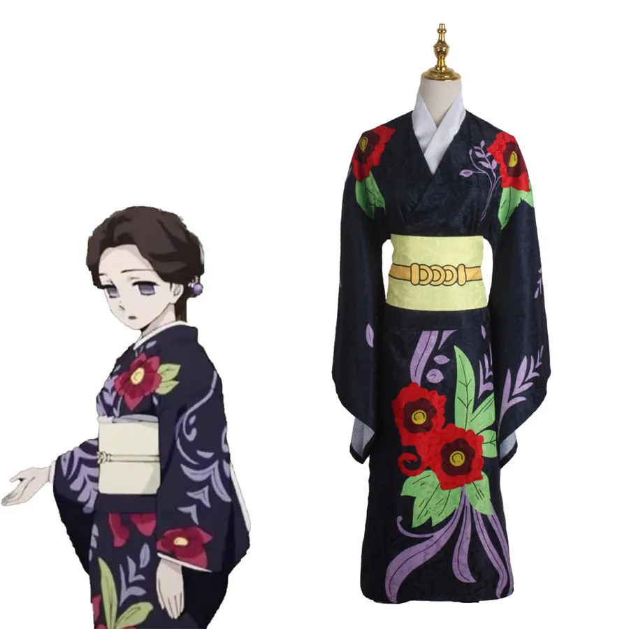 

Женское кимоно Tamayo с ремнем, одежда для косплея из японского аниме «рассекающий демонов», кимоно с большими красными цветами и рисунком дья...