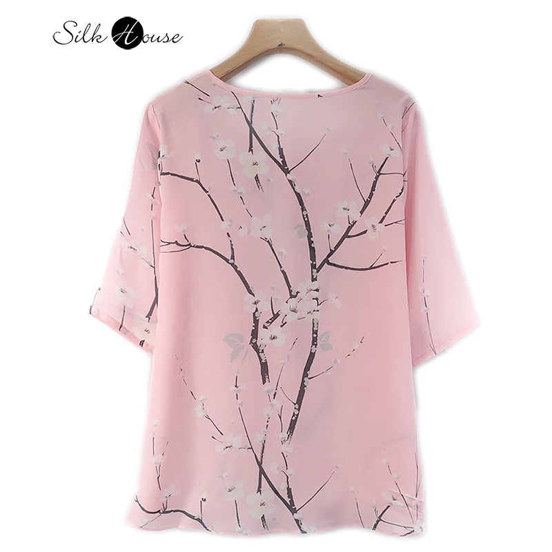 

Женская футболка с коротким рукавом, футболка из 2022 натурального шелка тутового шелкопряда с принтом розового цветка персика, весна-лето 100%