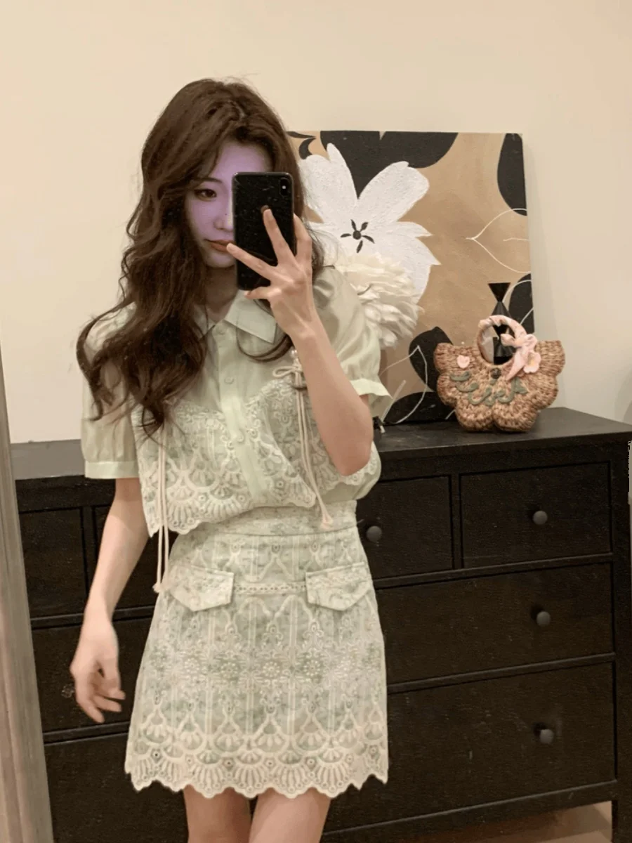 Женский костюм из двух предметов кружевная рубашка в стиле ретро с высокой