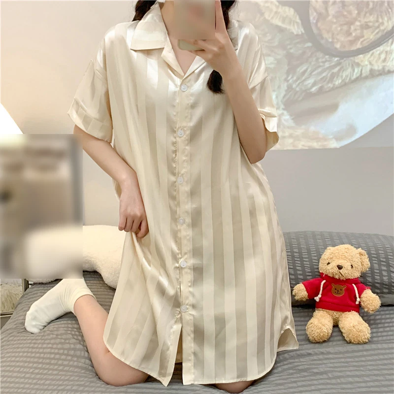 Comfortable Satin Pyjamas 2 Piece Set Women French Elegant Solid Color Stripe Silk Sleepwear Pajamas Home Wear Nightwear Pyjamas