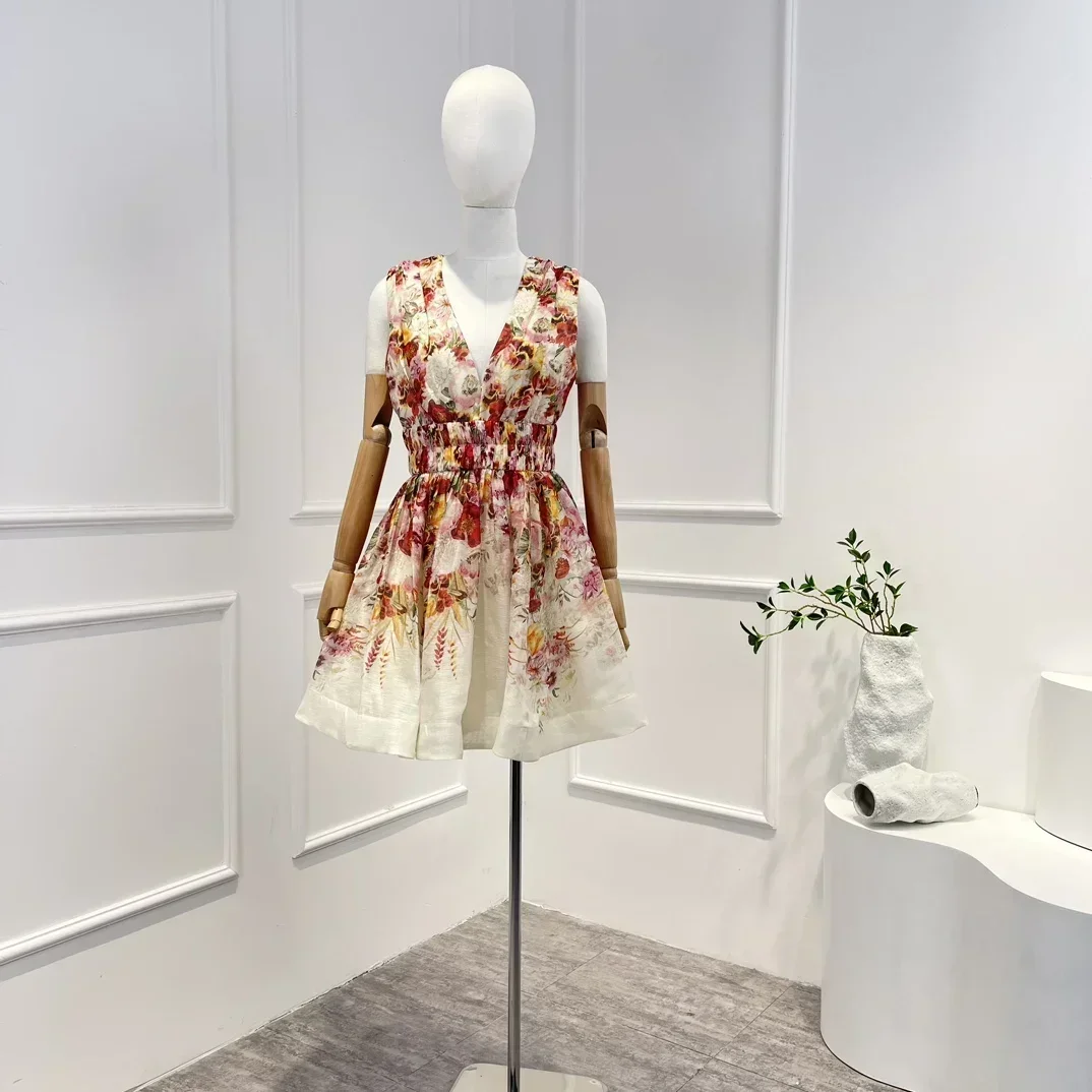 

2023 Linen Silk Top Quality Spring Summer New Beach Style Floral Printing Sleeveless V-neck Waist Woman Mini Dress