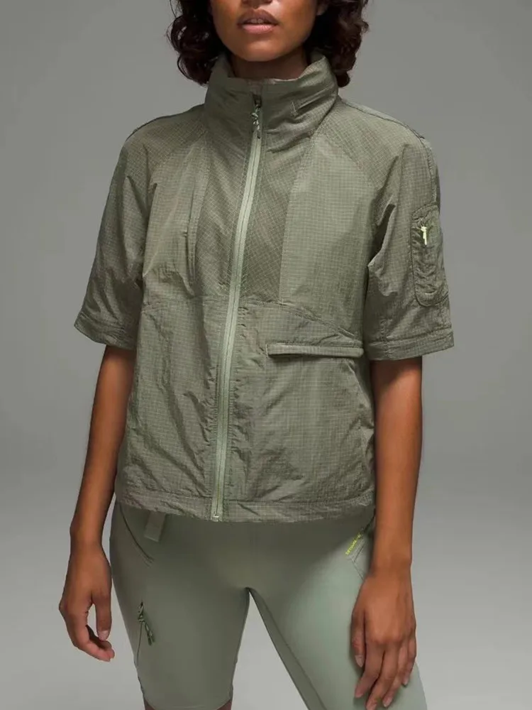 

Women Removable Sleeves Windproof Coat Zipper Stand Collar Pockets Female Sports Casual Jacket