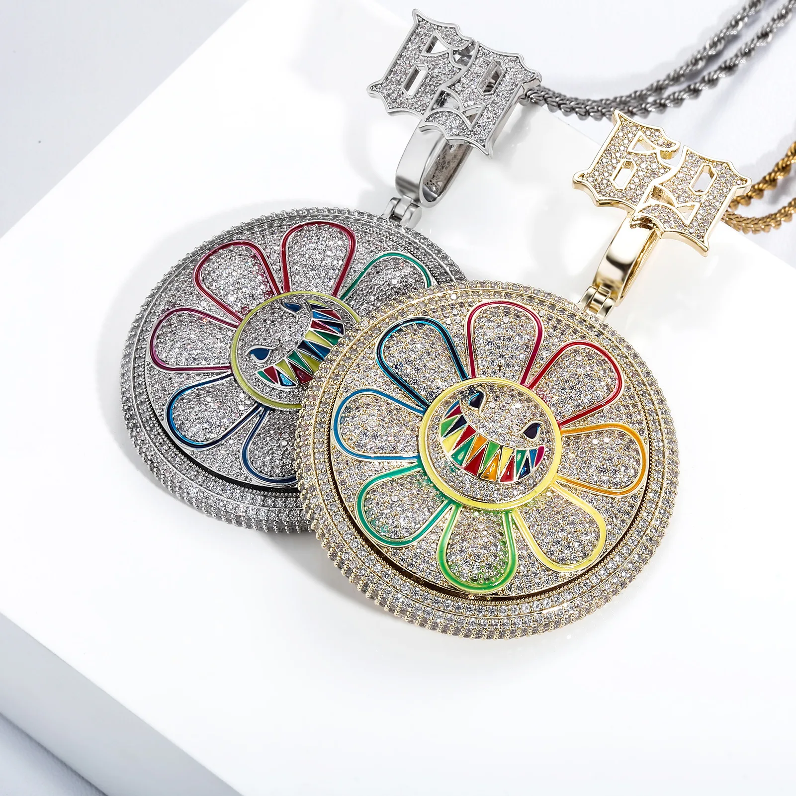 

Hip Hop AAA+ CZ Stone Paved Bling Iced Out Rotatable Spin 69 Sun Flower Round Pendants Necklaces for Men Rapper Jewelry Gift