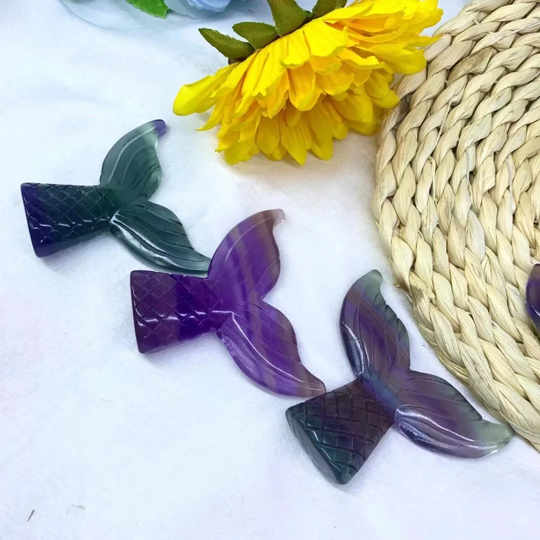 

1 Pcs High Quality Natural Rainbow Fluorite Carving Mermaid Tail Healing Crystal Stone Crafts For Home Decoration