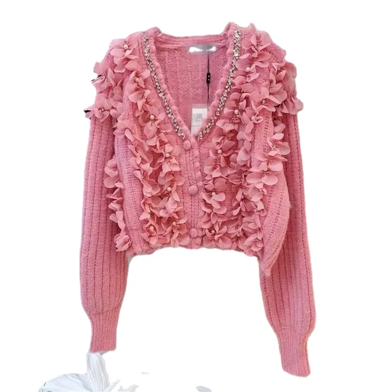 

Handmade 3D Flowers Knitted Cardigan V-neck Slim Diamonds Beaded Sweater Coat Crocheted Knitwear Single-breasted Knitwear Tops