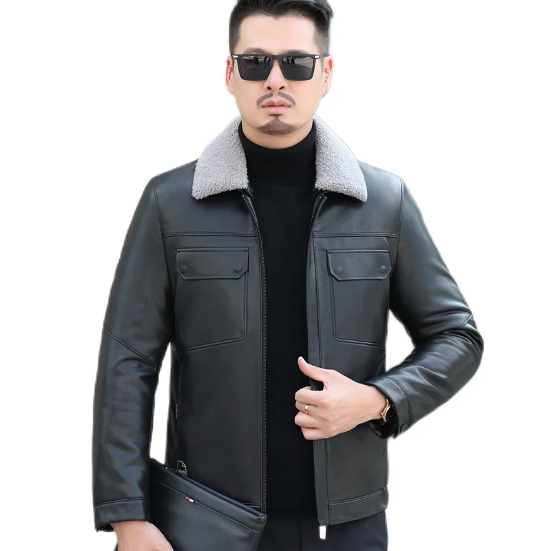 

YXL-187 Winter Natural Leather Jacket Men's Mid-length 90% White Duck Down Filling Middle-aged Top Thick Coat
