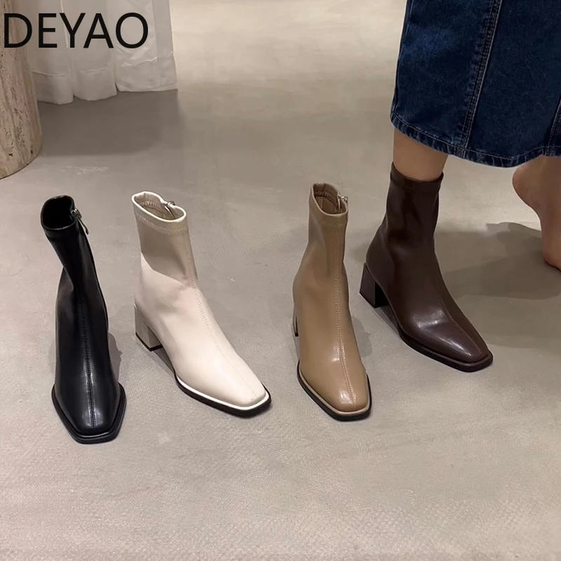

High Quality Soft PU Leather Women Ankle Boots Square Toe Square Heel Short Boots Autumn Winter Women Shoes Chelsea Boots