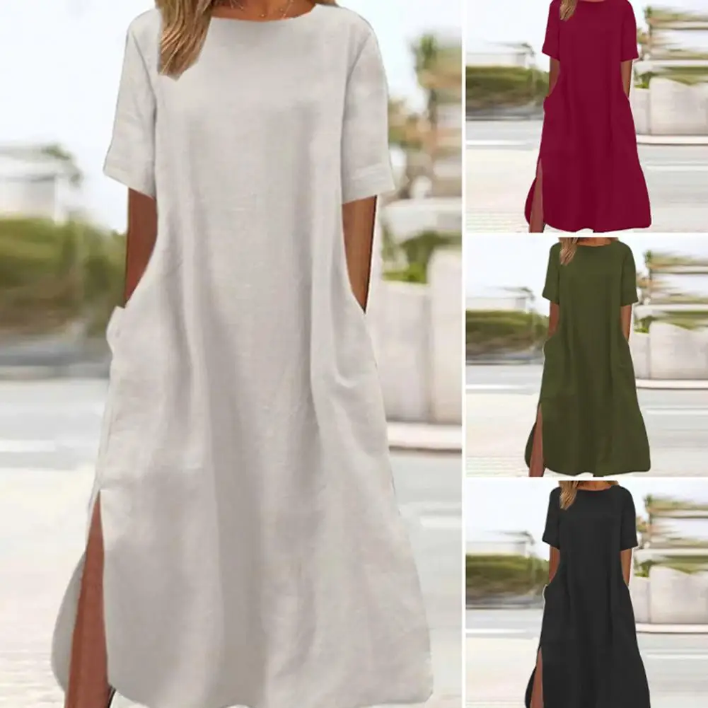 

Women Midi Dress Side Slit Midi Dress Versatile Women's Casual Midi Dress O-neck Short Sleeve Pockets Side Split Hem Solid Color