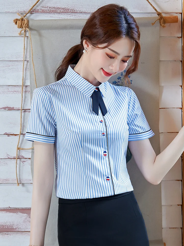 Профессиональные рубашки в синюю полоску Женская приталенная летняя одежда с