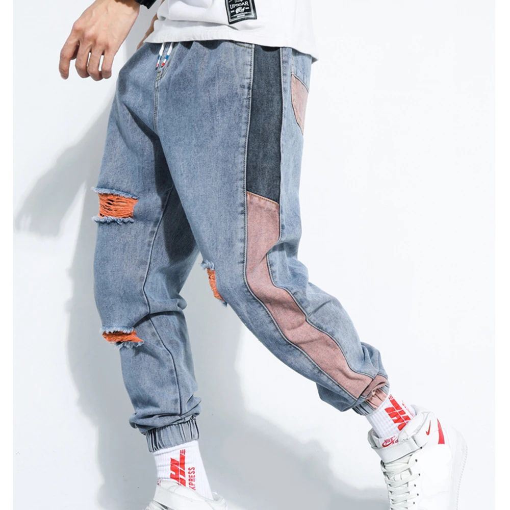 Shattered Jeans Men's Fashion Washed Contrast Casual Jean Pants Men Streetwear Loose Hip Hop Trousers Pants Mens M-5XL MKN005