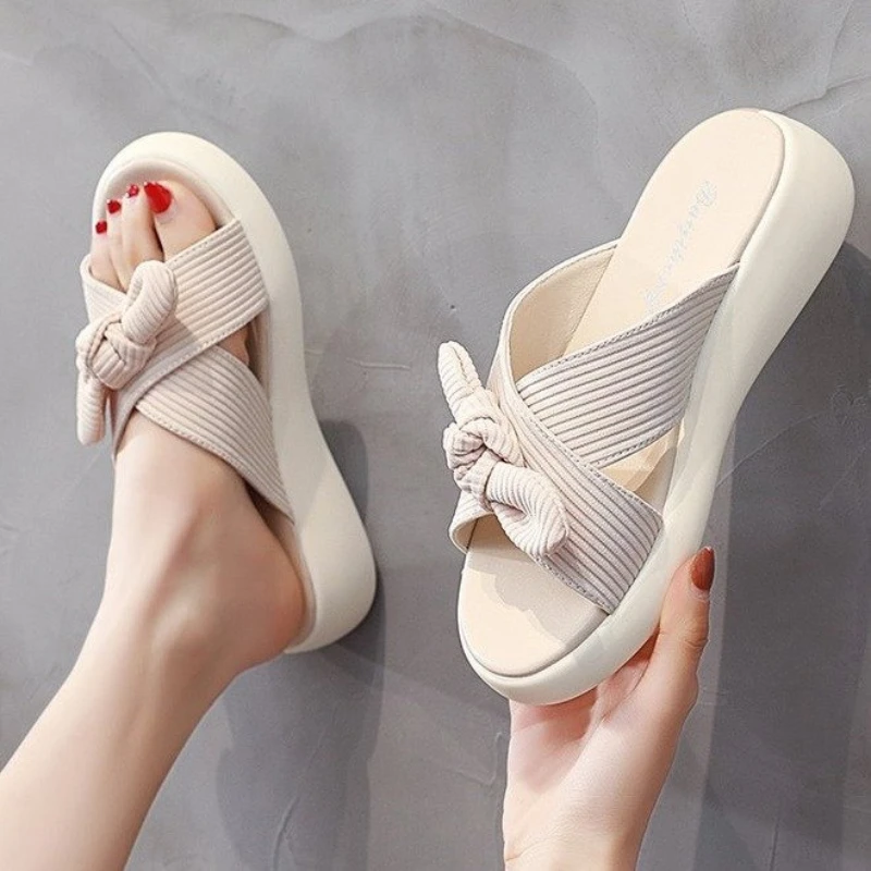 

Women Indoor House Slippers Summer Flats Sandals Bow Slides Flip Flops Female Bedroom Home Casual Shoes Sweet Beach Sandals