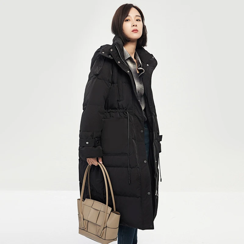 SHUCHAN Hat Detachable  Women Jacket  90%  White Duck Down  Long  Coats  Winter  Safari Style  Wide-waisted  Zipper  Pockets