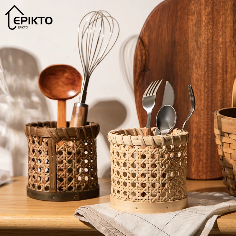 

Epikto Rattan Chopsticks Storage Handmade Spoon Organizer Holder Multifunctional Woven Basket Pen Organization Home Decor