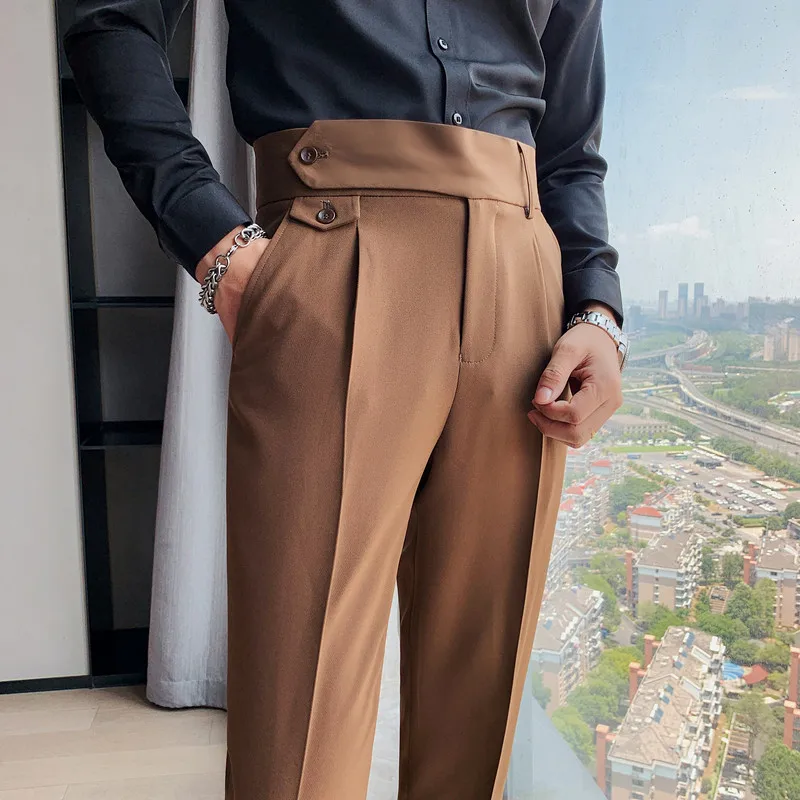 2022 New Design Men High Waist Trousers Solid England Business Casual Suit Pants Belt Straight Slim Fit Formal Office Trousers