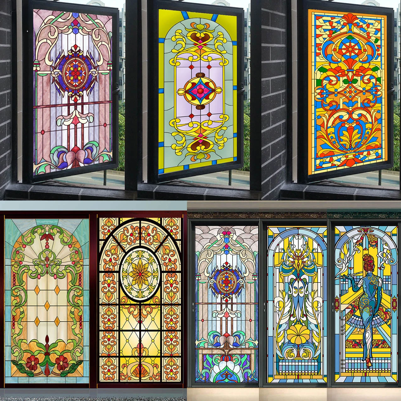 Painted Glass Frosted Art Window Paper Sliding Door Kitchen Bathroom Tiffan Retro Church Film Sticker