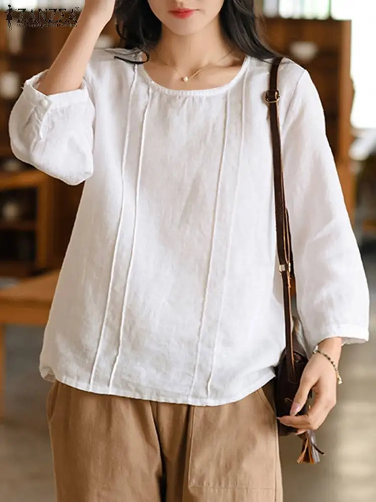 

ZANZEA Women O Neck 3/4 Sleeve Solid Cotton Blouse Autumn Vintage Tunic Tops Casual Loose Party Shirt Female Party Blusas Mujer