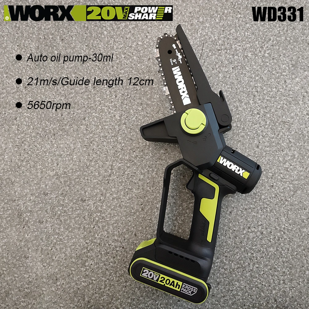 Беспроводная цепная пила WORX WD331, перезаряжаемая бесщеточная, 5 дюймов, 5650 об/мин, 10 м/с, автоматический масляный насос для резки дерева, универсальная батарея 20 в