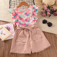girls summer scale pattern lace sleeve top shorts two piece set kids boutique clothing wholesale kids clothes girls