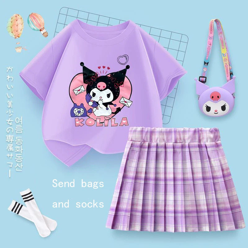 

Cute Cartoon Kawaii Sanrioed Kuromi My Melody Girls' Set Summer Children's Short Sleeve Short Skirt JK Two Piece Set
