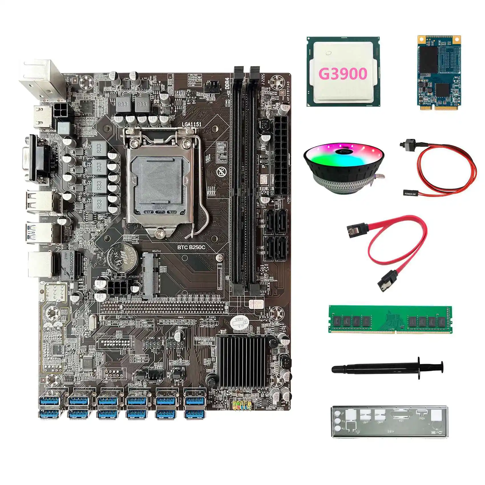 

B250C ETH Miner Motherboard 12USB+G3900 CPU+DDR4 4GB RAM+64G SSD+RGB Fan+SATA Cable+Switch Cable+Thermal Grease+Baffle