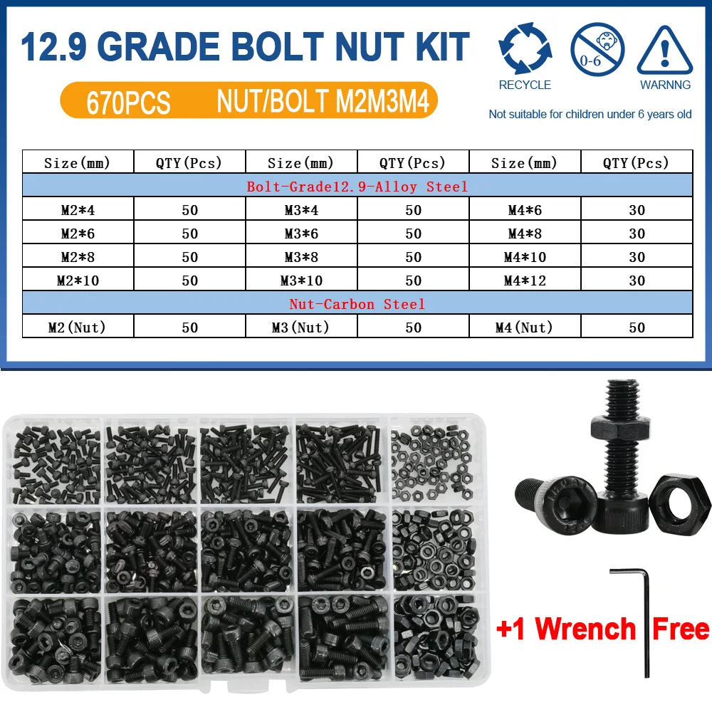 

Набор винтовых гаек M2 M3 M4 M5 M6 из черной углеродистой стали марки 12,9 DIN912 A2, набор винтов, болтов, гаек с шестигранной головкой