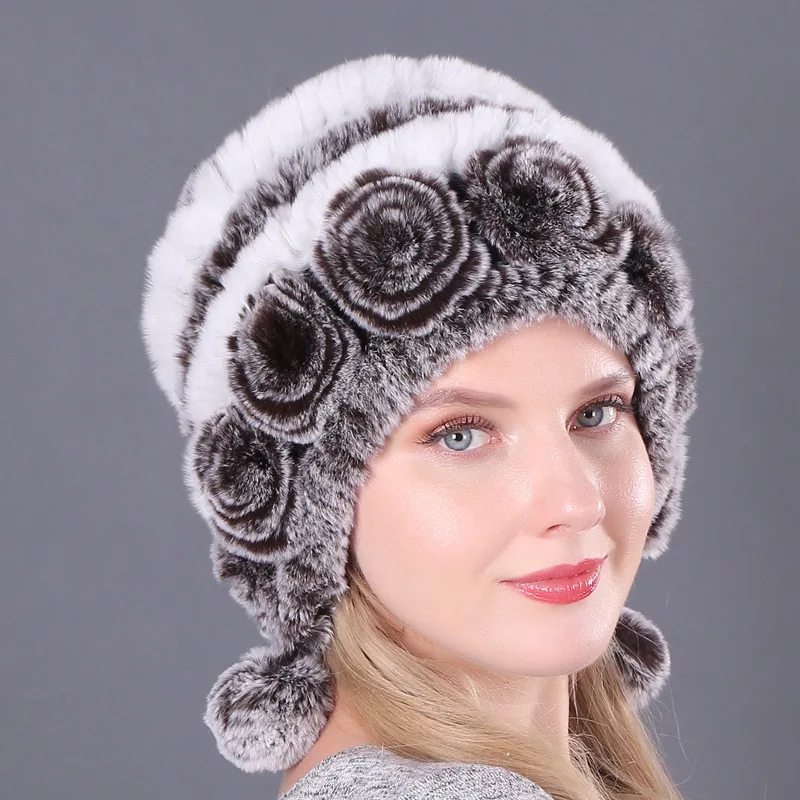 

Уличные теплые ушные шапки с цветами, шапки, женская меховая шапка для зимы, шапка из натурального кролика Рекс, русские женские меховые головные уборы