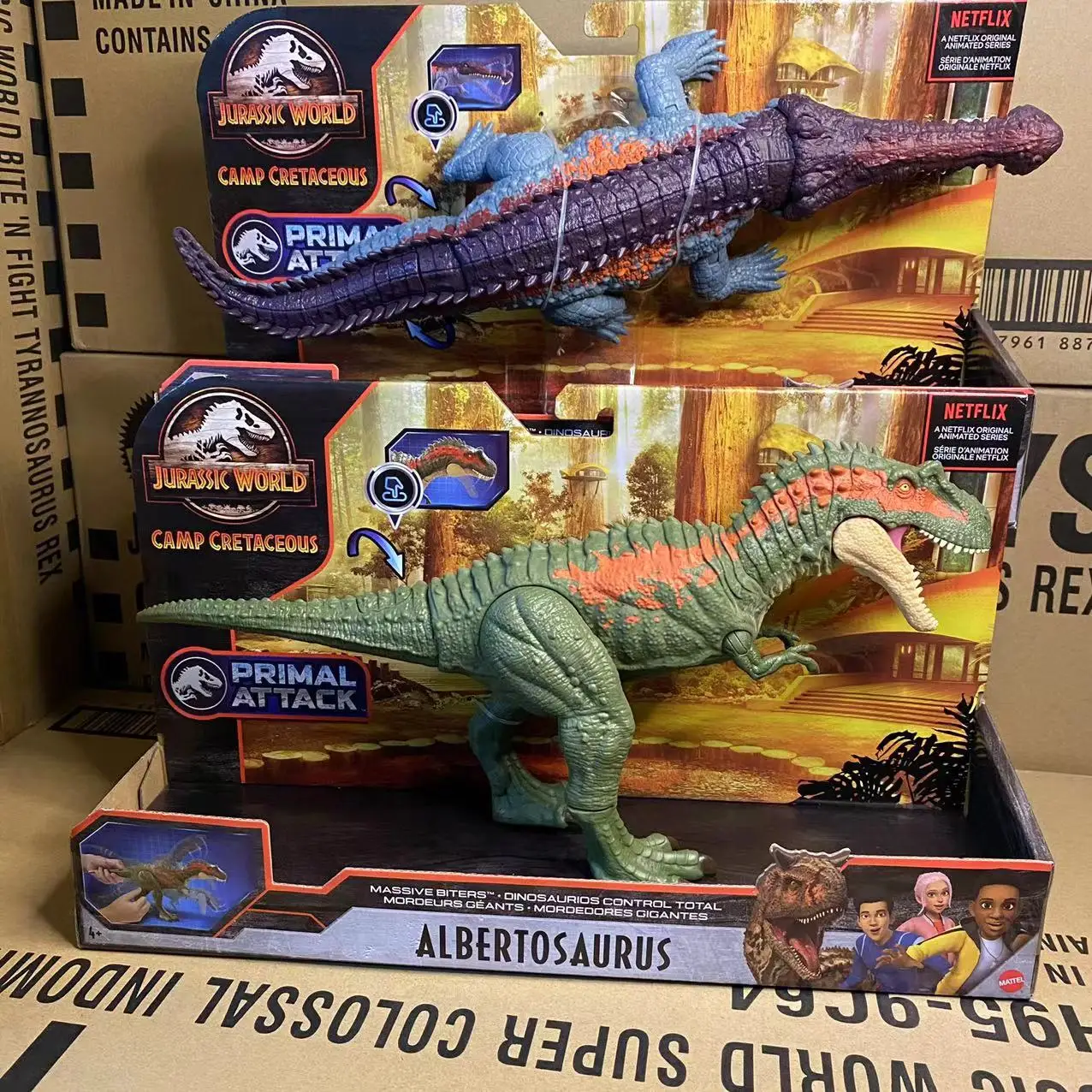 

mattel Jurassic World Massive Biters Sarcosuchus/Albertosaurus with Tail-Activated Strike & Chomping Action Movable Joints GJP32