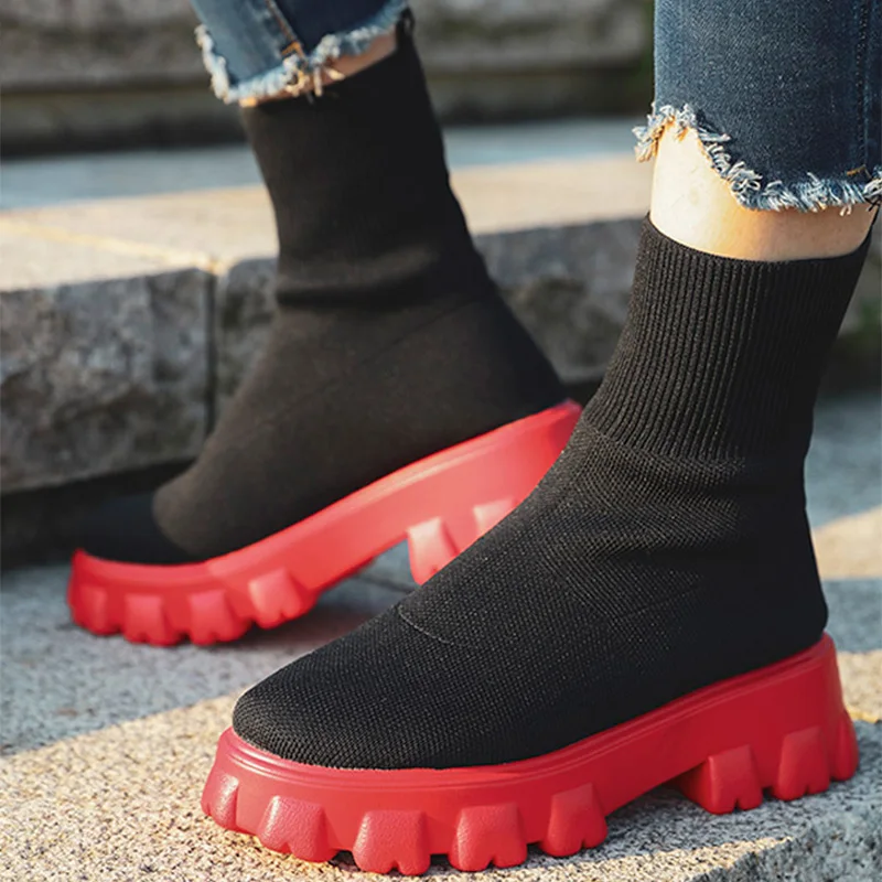 Platform Shoes Women's Fashion Ankle Boots Thick Bottom Casual Shoes Walking Short Boots Autumn Winter Socks Boots